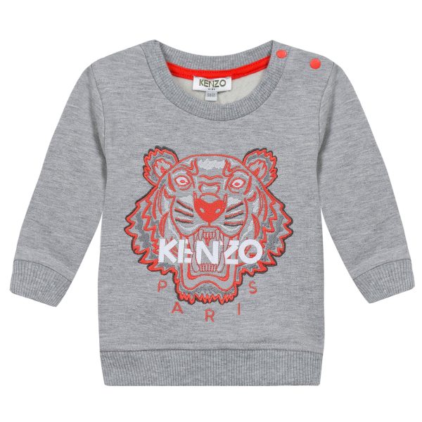 Baby Boys Marl Grey Embroidered Tiger Head Cotton Sweatshirt Online now