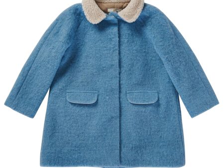 Girls Power Blue Fur Collar Wool Coat With Patch Pocket Cheap