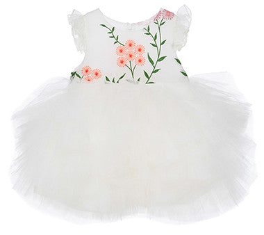 Girls White Embroidered Flower Trims Tulle Dress Fashion