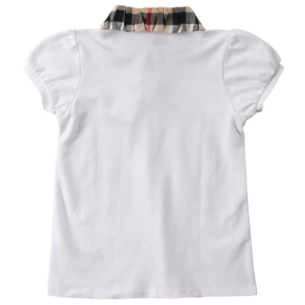 Girls White Cotton Polo Shirt With Beige Check Collar on Sale