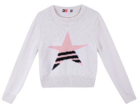 Girls White Knitted Sweater With Black Star Trims For Discount