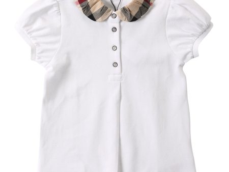 Girls White Cotton Polo Shirt With Beige Check Collar on Sale