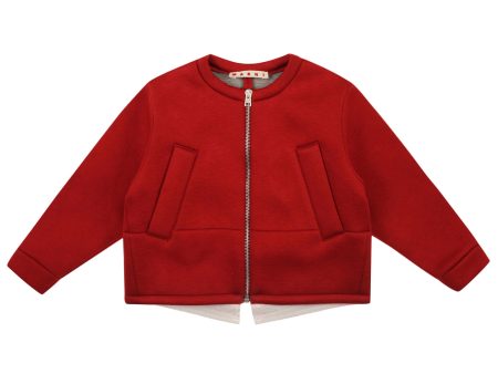 Girls Brick Red Cotton Collarless Jacket For Cheap