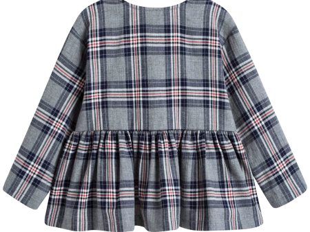 Girls Blue Checked Cotton Shirt With Tie Supply