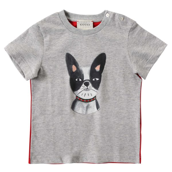 Baby Boys Dark Grey Dog Printed Trims Cotton T-Shirt Supply