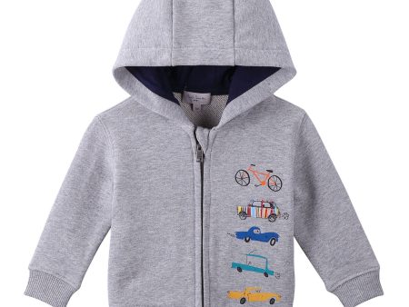 Baby Boys Grey Cotton Car Printed Hooded Zip-Up Top Sale