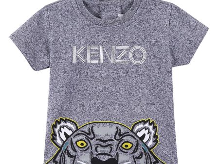 Baby Boys Dark Grey Cotton T-Shirt With Tiger Head Print Trims For Cheap