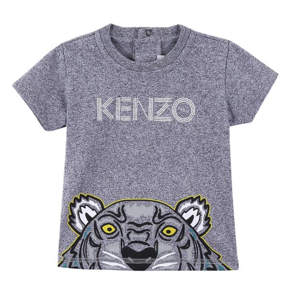 Baby Boys Dark Grey Cotton T-Shirt With Tiger Head Print Trims For Cheap