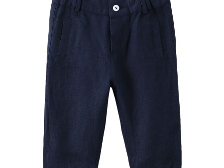 Baby Boys Navy Blue Linen Trousers With Turn-Up Cuffs Sale